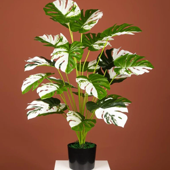 Nettenevime Yapay Ağaç Salon Bitkisi Beyaz Monstera 70 cm 18 Yaprak Antrasit Saksıda Deve Tabanı ürün görseli 1