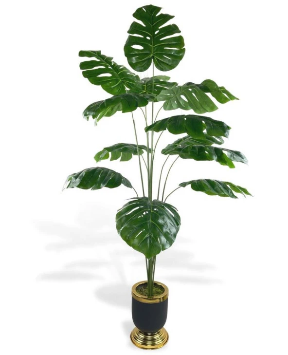 Nettenevime Yapay Ağaç Monstera Ağacı Salon Bitkisi Siyah Gold Metal Vazoda 130 cm 12 Yaprak ürün görseli 1