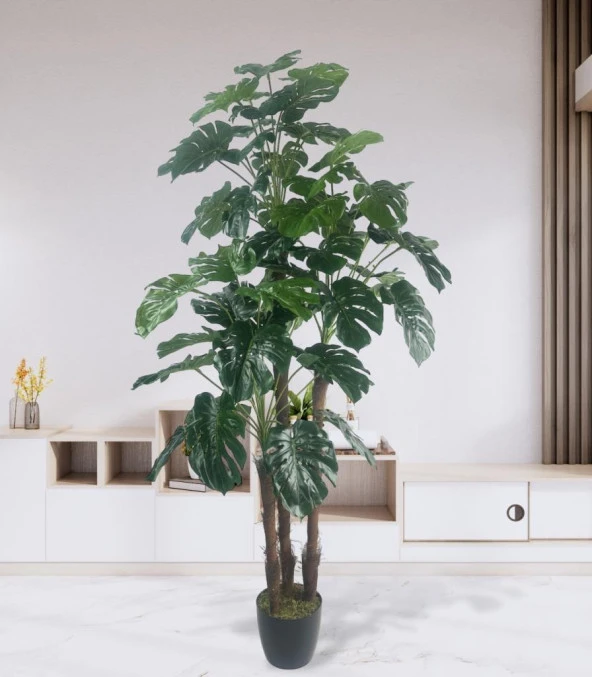 Nettenevime Yapay Çiçek Monstera Yeşil Deve Tabanı 3Katlı 135cm 54Yaprak Siyah Plastik Saksıda Yapay Bitki ürün görseli 1