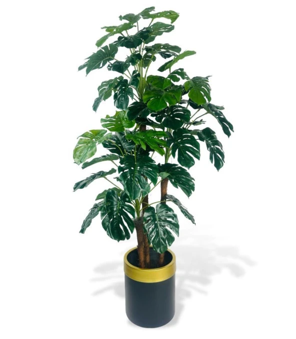Nettenevime Yapay Çiçek Monstera Yeşil Deve Tabanı 3Katlı 135cm 54Yaprak Gold Kemerli Siyah Saksıda Yapay Bitki ürün görseli 1
