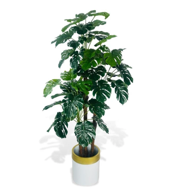 Nettenevime Yapay Çiçek Monstera Yeşil Deve Tabanı 3Katlı 135cm 54Yaprak Gold Kemerli Beyaz Saksıda Yapay Bitki ürün görseli 1