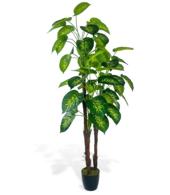 Nettenevime Yapay Çiçek Difenbahya Sarı Yeşil 3Katlı 160cm 54Yaprak Siyah Plastik Saksıda Yapay Bitki ürün görseli 1