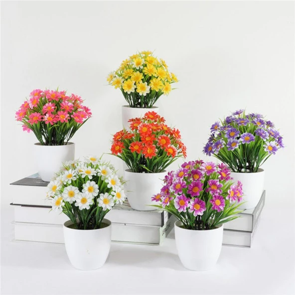 Nettenevime 6lı Set Yapay Çiçek Papatya Beyaz Saksıda Karışık Renkler ürün görseli 1