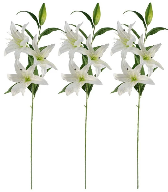 Nettenevime 3lü Set Yapay Çiçek Beyaz Lilyum 3 Kafalı Uzun Dal Çiçek Zambak Lily Flowers 80cm ürün görseli 1