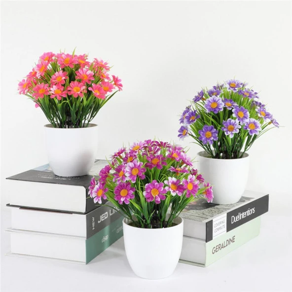 Nettenevime 3lü Set Yapay Çiçek Papatya Beyaz Saksıda Karışık Renkler ürün görseli 1