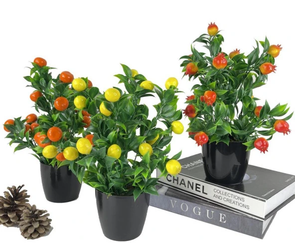 Nettenevime Yapay Çiçek 3 Adet Nar Limon Ve Mandalina Ağacı Siyah Saksıda 30cm ürün görseli 1