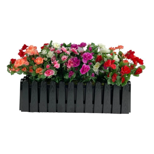 Nettenevime Yapay Çiçek Siyah Çit Balkon Saksısı Renkli Açelya Çiçekli 55*20cm ürün görseli 1