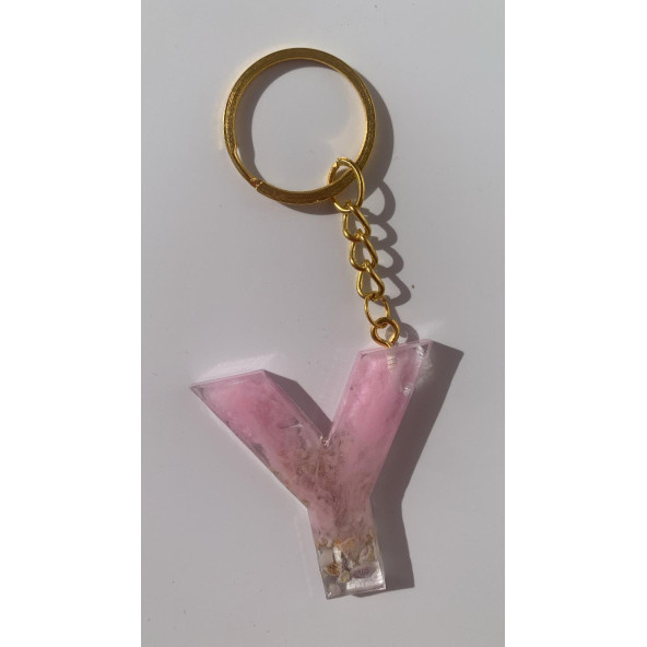 Y Harfi Pembe Renk Epoksi ve Deniz Kabuğu Kırığı Süslemeli Gold Halka Anahtarlık El Yapımı Hediyelik ürün görseli 1