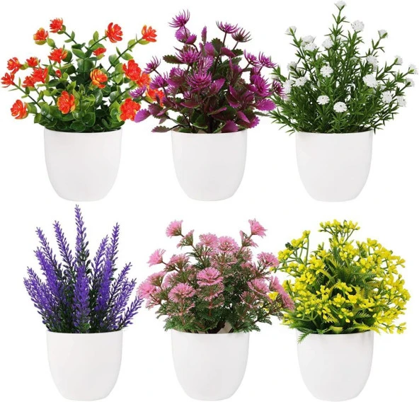 Nettenevime 6lı Set Yapay Çiçek Beyaz Saksıda 6 Çeşit Renkli Çiçekler ürün görseli 1
