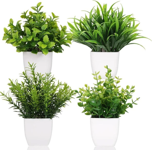 Nettenevime 4lü Set Yapay Çiçek Beyaz Saksıda 4 Çeşit Yeşil Bitki ürün görseli 1