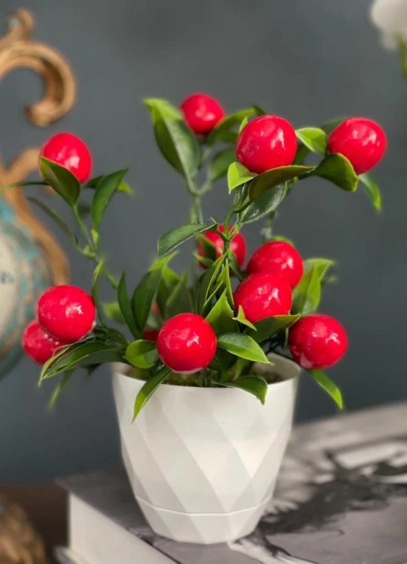 Nettenevime Yapay Çiçek Beyaz Saksıda Kiraz Demeti Kırmızı Top Çiçek 20cm ürün görseli 1