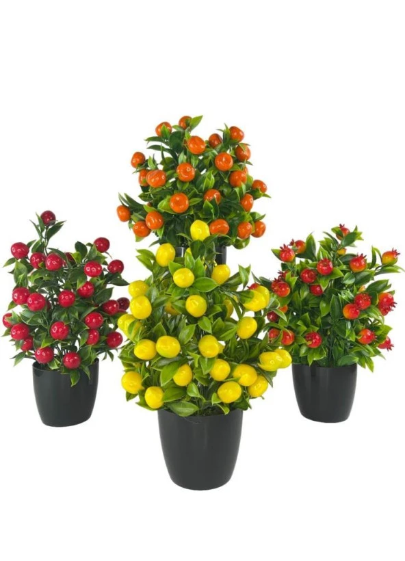Nettenevime 4lü Set Yapay Çiçek Kiraz Nar Limon Ve Mandalina Ağacı Siyah Saksıda 30cm ürün görseli 1
