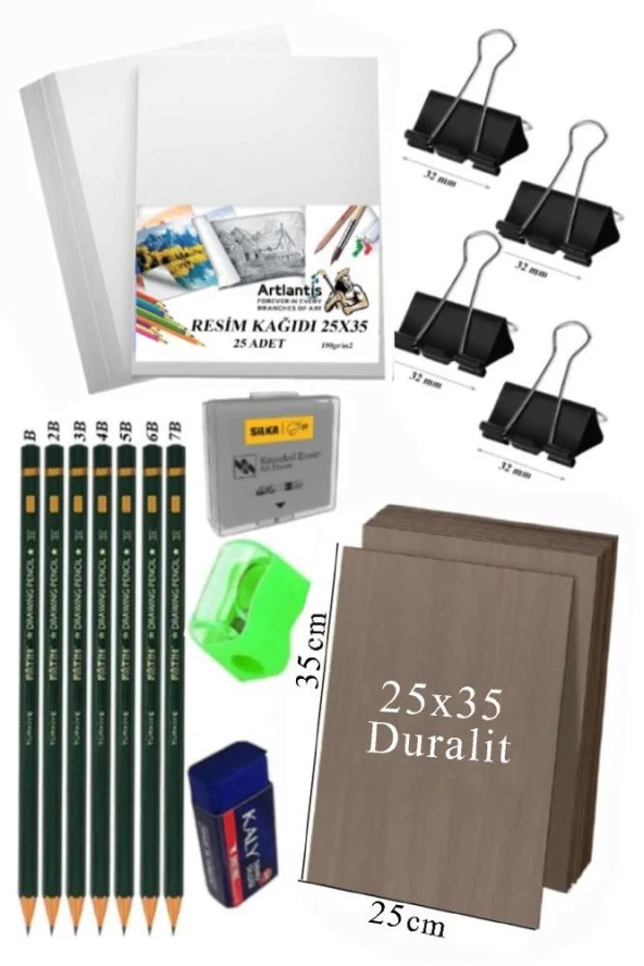 Karakalem Eskiz Çizim Seti Duralit Seti 25x35 cm 1 Paket Resim Kağıdı Dereceli Kalem Seti Hamur Silgi Sınav Silgisi ürün görseli 1