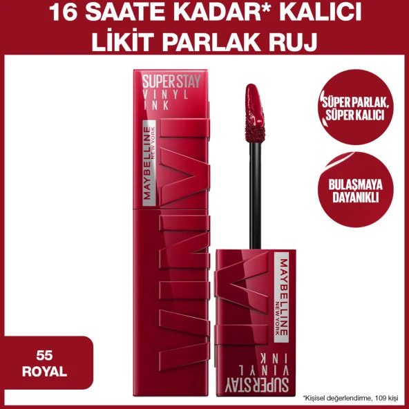 Maybelline New York Super Stay Vinyl Ink Uzun Süre Kalıcı Likit Parlak Ruj 55 Royal ürün görseli 1