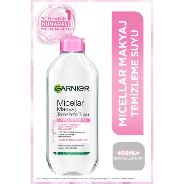 Garnier Micellar Makyaj Temizleme Suyu 400ML, 24 Saat Nemlendirme, Hassas Ciltler için ürün görseli 1