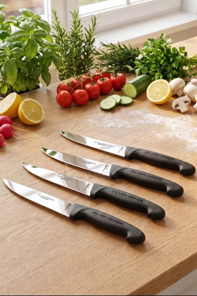 Silver Serisi 4 lü Mutfak Bıçağı Et Ekmek Sebze Mutfak Bıçak Seti Siyah Sap ( Mtf-205) ürün görseli 1