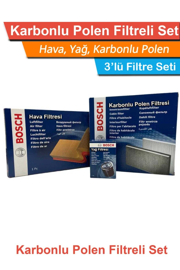 VW Polo 1.2 TSI Benzinli Bosch Filtre Bakım Seti 2014-2017 Hava+Yağ+Karbonlu-Polen ürün görseli 1