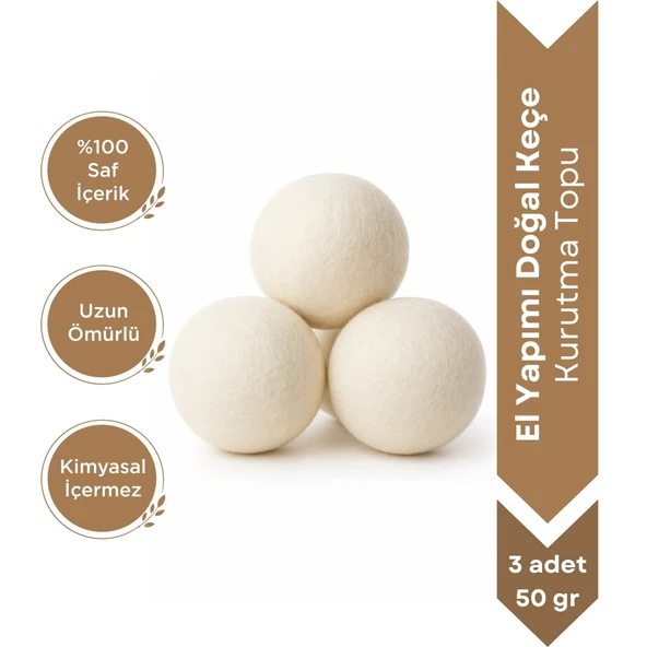 %100 El Yapımı Doğal Keçe Kurutma Topu 3 Adet – 50 Gr( 7-8 cm) Uzun Ömürlü ve Kimyasal İçeriksiz ürün görseli 1