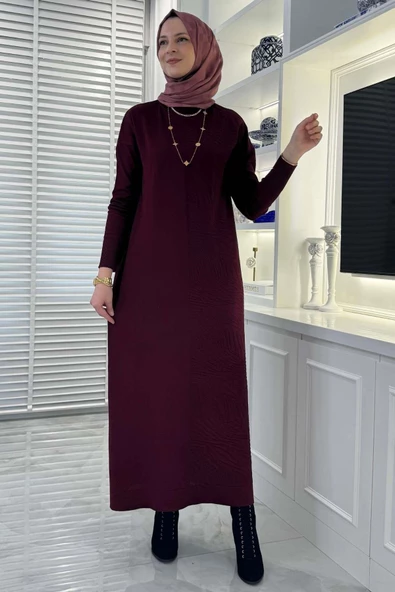 Zebra Desen Triko Elbise Bordo - Resim 8