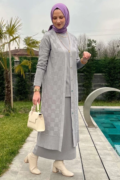 Dama Desenli Gri Triko Hırka - Resim 5