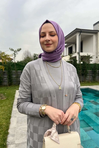 Dama Desenli Gri Triko Hırka - Resim 2