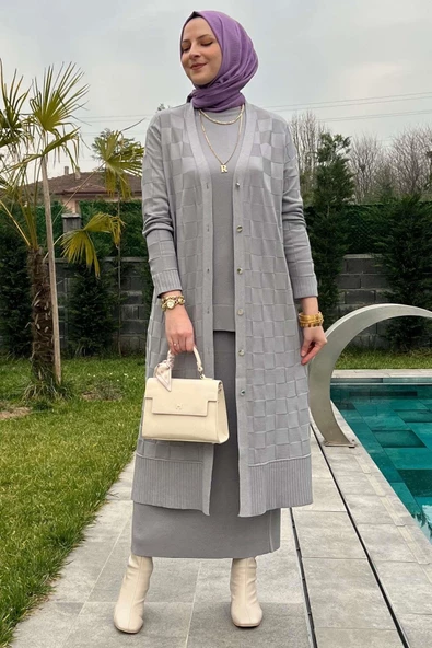 Dama Desenli Gri Triko Hırka - Resim 8