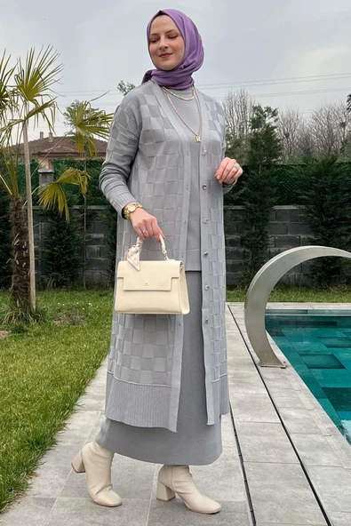 Dama Desenli Gri Triko Hırka - Resim 9