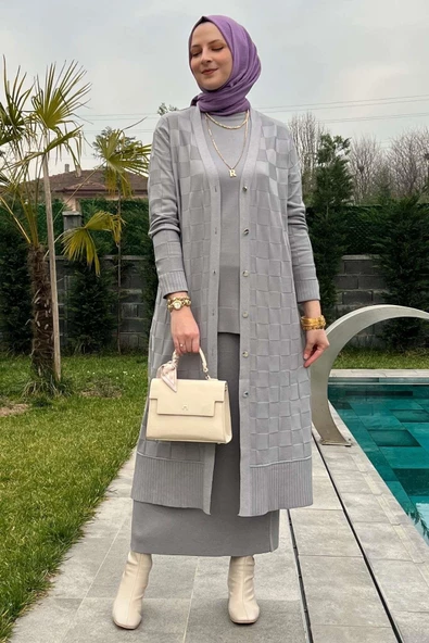 Dama Desenli Gri Triko Hırka - Resim 7