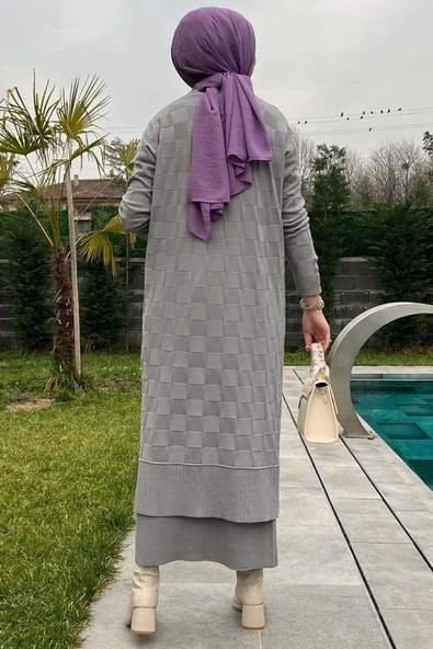 Dama Desenli Gri Triko Hırka - Resim 4