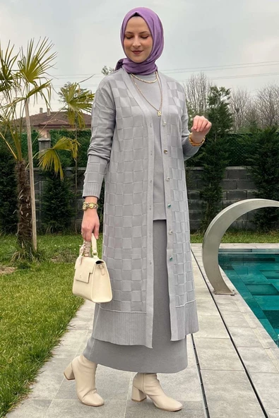 Dama Desenli Gri Triko Hırka - Resim 11