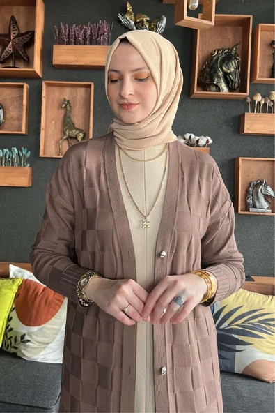 Dama Desenli Sütlü Kahve Triko Hırka - Resim 3