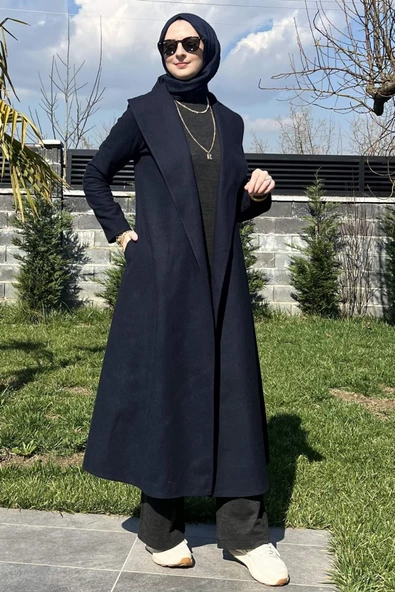Selin Lacivert Kaşe Kaban - Resim 10