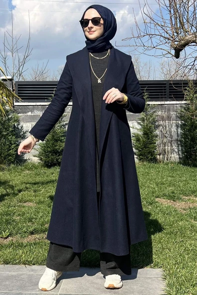 Selin Lacivert Kaşe Kaban - Resim 9