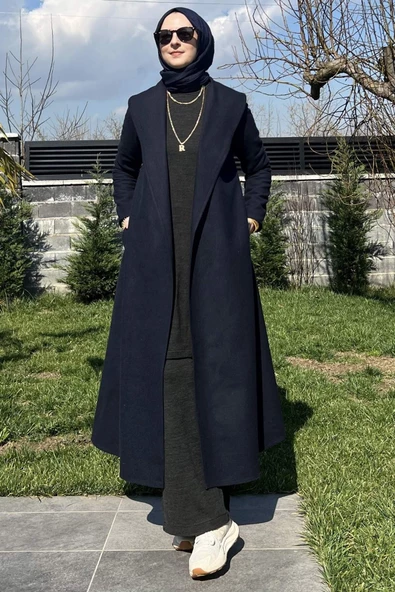 Selin Lacivert Kaşe Kaban - Resim 8