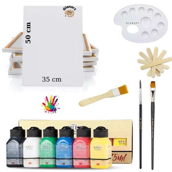lüks akrilik boya seti 6x75 ml artdeco lu set ipek fırçalı + 35x50 tuval sanatsal set canlı renkler ürün görseli 1