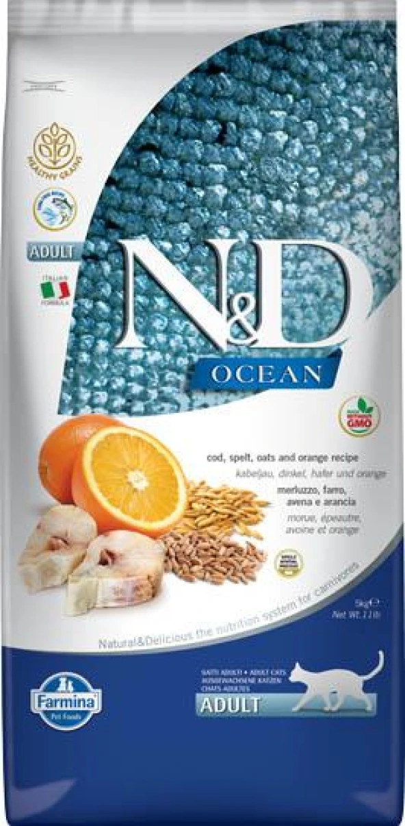 N&D Ocean Düşük Tahıllı Morina Balıklı ve Portakallı Yetişkin Kedi 5 Kg ürün görseli 1