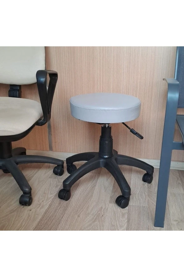 Ofis Kasiyer Taburesi Tekerlekli Deri Döşeme Oturak Eczane Laboratuvar Çalışma Koltuğu Acık Gri - Resim 2