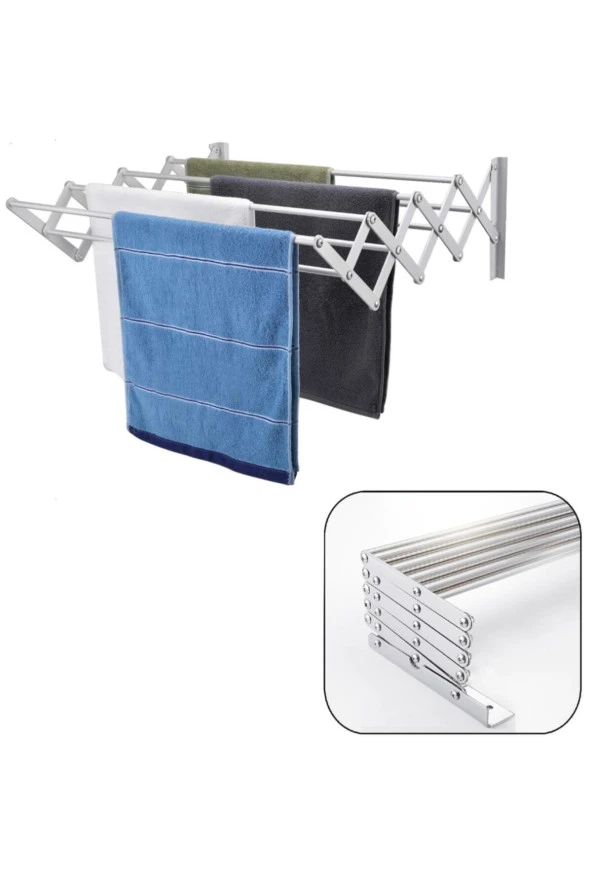Depolife Çamaşır Balkon Kurutma Askısı Akordiyon Elbise Kurutmalık 70cm-9 Çubuk Alüminyum Duvar Montajlı ürün görseli 1