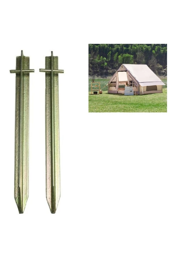 Depolife Kamp Çadırı Kazığı Çelik T Profil Zemin Çivisi 400mm Metal Çadır Kazığı 2li Galveniz Kaplama Kazık ürün görseli 1