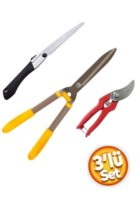 Depolife Ağaç Dal Kesme Katlanır Testere Çim Çit Ot Kesme Bahçe Düzenleme Ahşap Saplı Makası 3 Parçalı Set ürün görseli 1