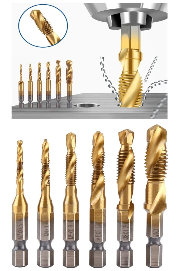 Depolife Klavuz Seti 1/4 Bıts Kendinden Matkap Uçlu M3 M4 M5 M6 M8 M10 titanyum Ahşap metal  matkap uçlu ürün görseli 1
