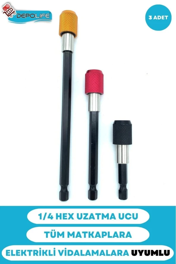 1/4 Bits Hex Altıgen Uçlu Uzatma Adaptörü Mıknatıslı Vidalama 3lü Set 6 10 15 Cm ürün görseli 1