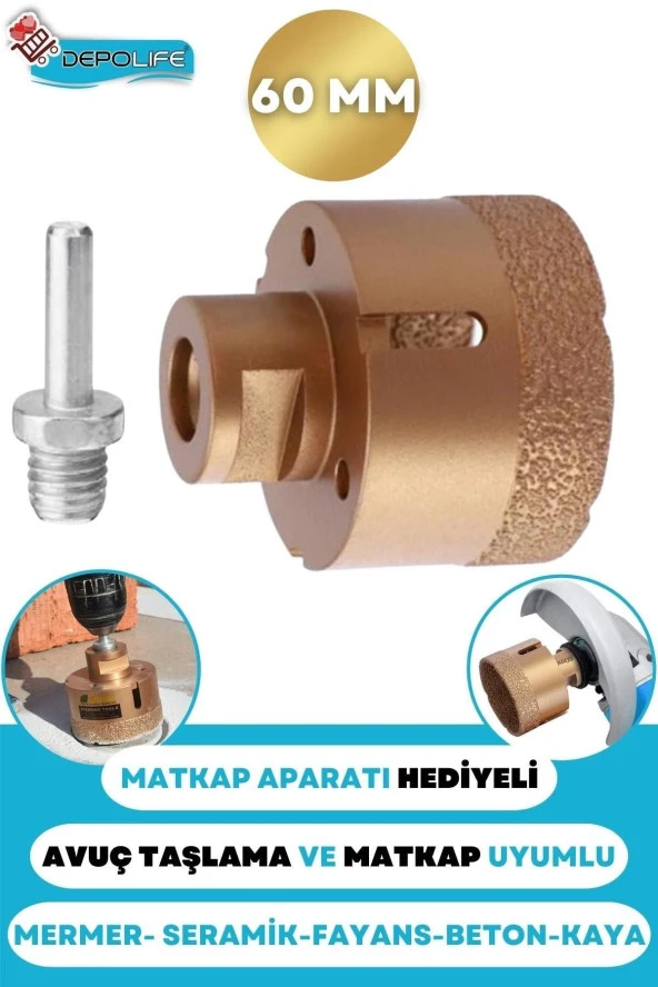 60 Mm Granit Mermer Seramik Fayans Beton Taş Delme Panç Spiral Avuç Taşlama Matkap Uyumlu M14 Aparat ürün görseli 1