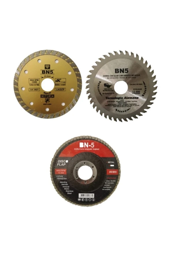 BN5 Ahşap Kesme Mermer Fayans Kesici 60 Kum Zımpara 115 Mm 3lü Disk Seti ürün görseli 1