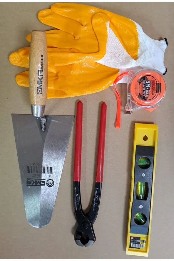 Depolife Inşaatcı Harç Sıvacı Malası 25cm Betoncu Kerpeteni Su Terazisi 5 Metre Eldiven Set ürün görseli 1