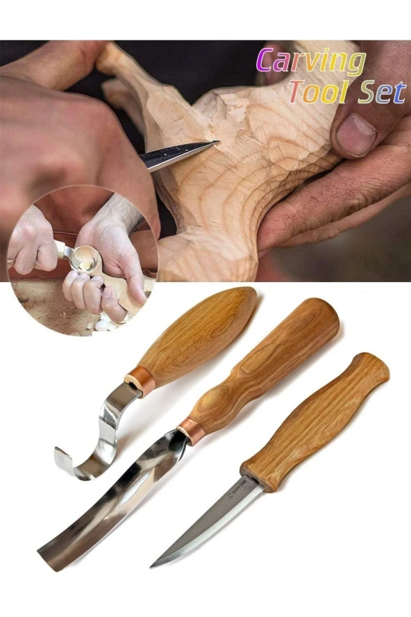 Ahşap Oyma Bıçak Alet Seti Kaşık Kuksa Oval Düz Oyma Yontma Bıçağı 3 Parçalı Set ürün görseli 1