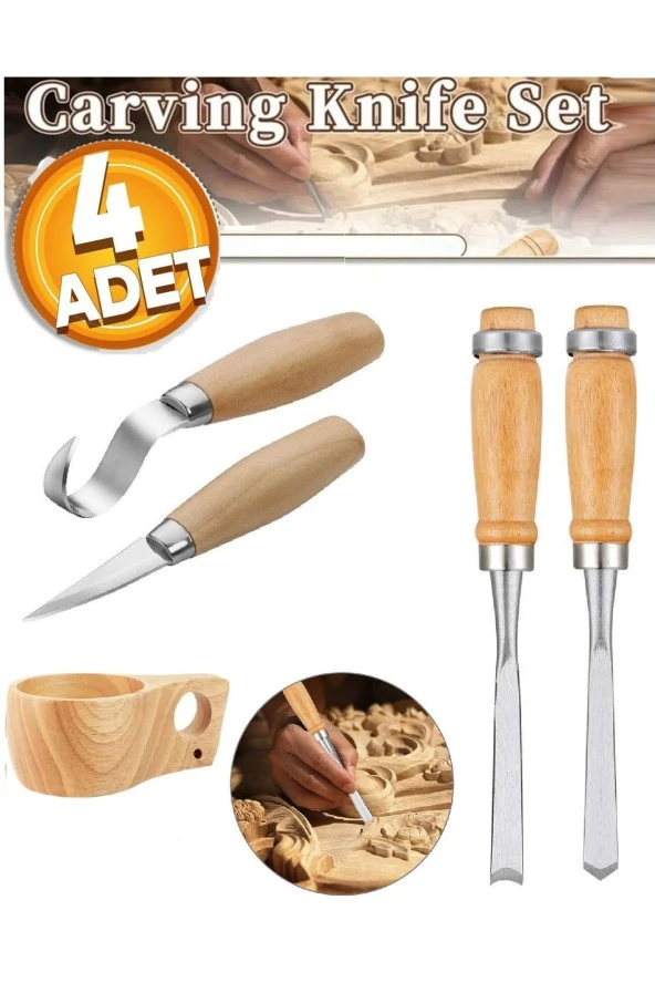 Depolife Ahşap oyma ıskarpela alet seti Kaşık Heykel Kuksa oval düz Oyma yontma kıvrık Bıçak 4 lü ürün görseli 1