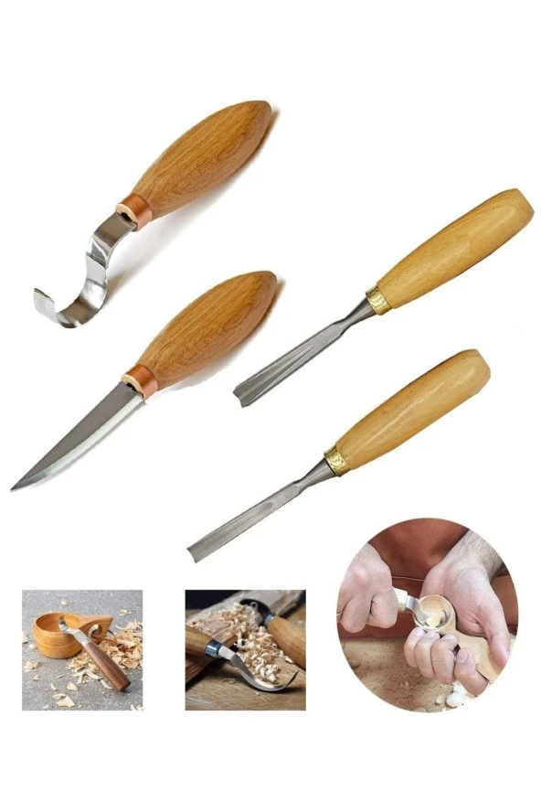 Depolife Ahşap Oyma Bıçak Alet Seti Kaşık Heykel Kuksa Oval Düz Oyma Yontma Bıçağı 4 Parçalı Set ürün görseli 1