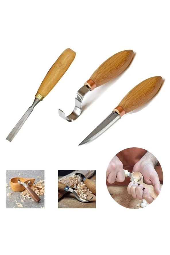 Depolife Ahşap Oyma Bıçak Alet Seti Kaşık Kuksa Oval Düz Oyma Yontma Bıçağı 3 Parçalı Set ürün görseli 1