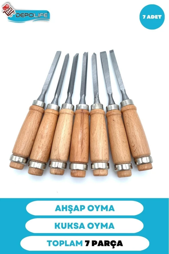 Depolife Ahşap Oyma Keski Iskarpela Bıçak Alet Seti Kaşık Kuksa Oval Oyma Yontma Torna Çakısı 7 Li Set ürün görseli 1
